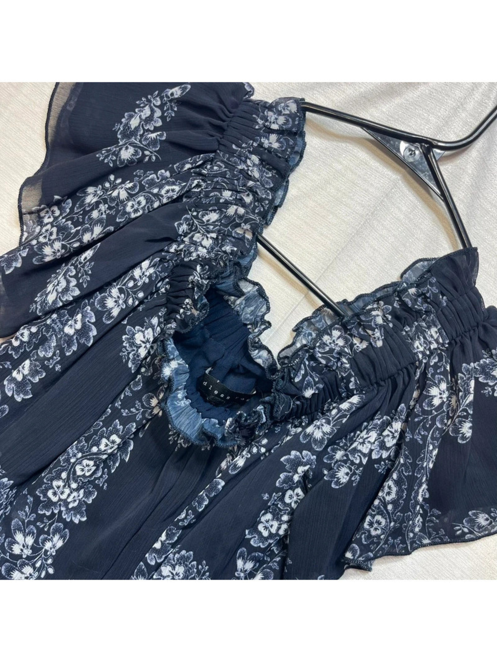 Endless Rose Navy Blue Floral Print Ruffled Off-Shoulder Blouse Size Small